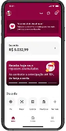 Tela de um aplicativo financeiro em um smartphone, exibindo um saldo de R$ 5.032,99. Um banner em destaque oferece a opção de antecipação de pagamentos com a mensagem "Receba hoje seus repasses acumulados". Abaixo, há ícones para funções como Pix, Pagar e Extrato.